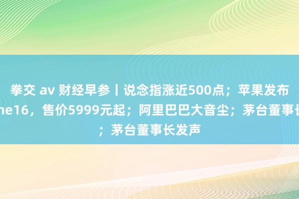 拳交 av 财经早参丨说念指涨近500点；苹果发布iPhone16，售价5999元起；阿里巴巴大音尘；茅台董事长发声